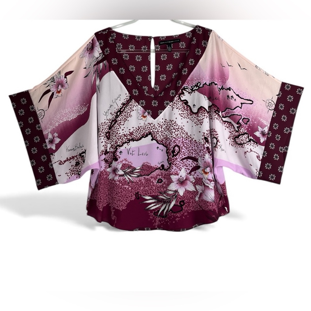 White House Black Market Burgundy Floral Kimono Blouse |Contrast Lining | L